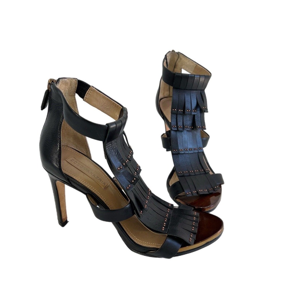BCBG Maxazria Women Size 6.5 Leather Stiletto High Heel Sandals Fringe Studded